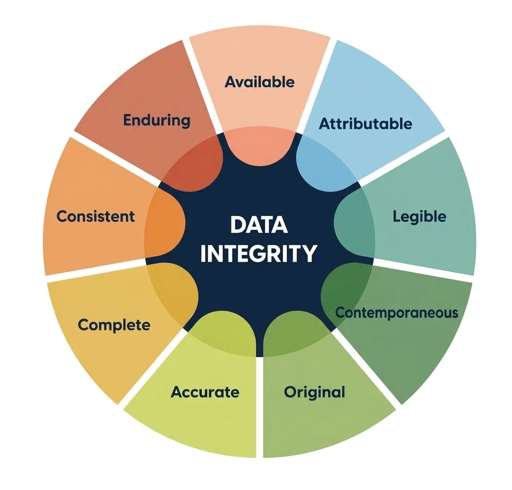 Data integrity wheel with the ALCOA++ principles: attributable, legible, contemporaneous, original, accurate, complete, consistent, enduring and available.